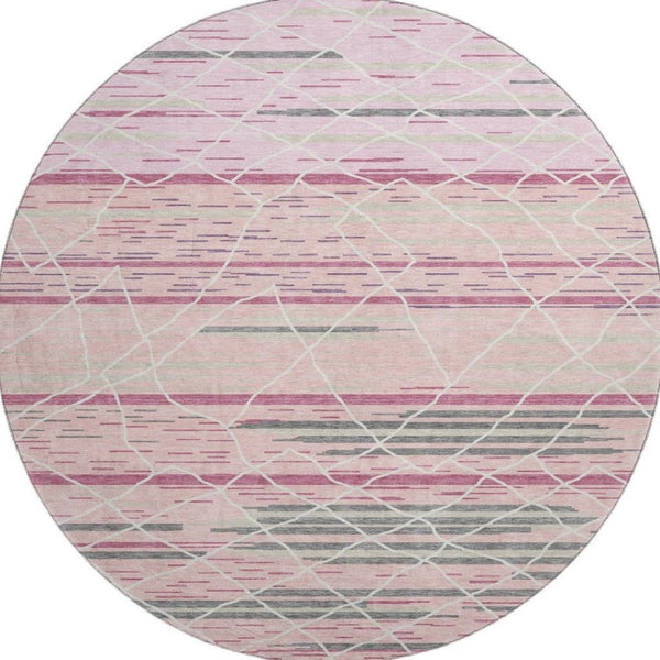 HomeRoots 8' Washable Pink Ivory Gray Striped Round Rug with UV Protection - Durable, Stain-Resistant & Soft 680496