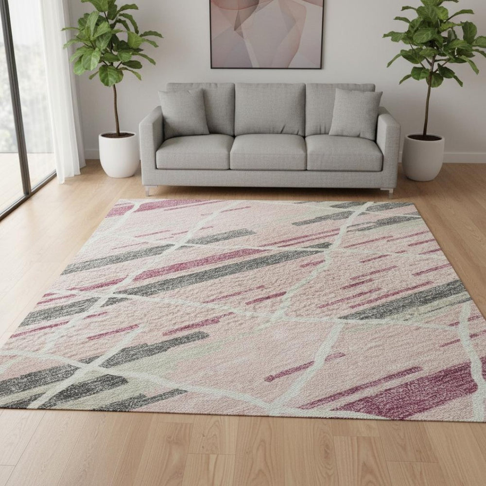 HomeRoots 8' X 10' Pink Ivory Gray Striped Washable Area Rug with Stain Resistance & UV Protection for Homes 680497