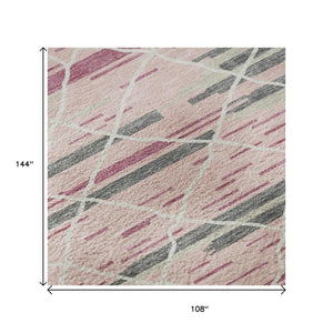 HomeRoots 9' X 12' Pink Ivory Gray Striped Washable Area Rug - Durable, Stain Resistant & UV Protected Design 680498