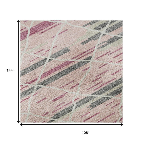 HomeRoots 9' X 12' Pink Ivory Gray Striped Washable Area Rug - Durable, Stain Resistant & UV Protected Design 680498