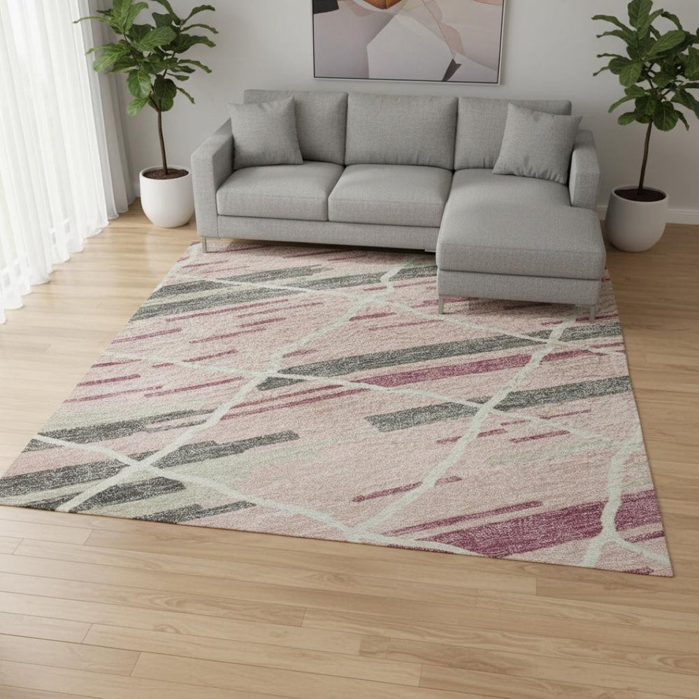 HomeRoots 9' X 12' Pink Ivory Gray Striped Washable Area Rug - Durable, Stain Resistant & UV Protected Design 680498
