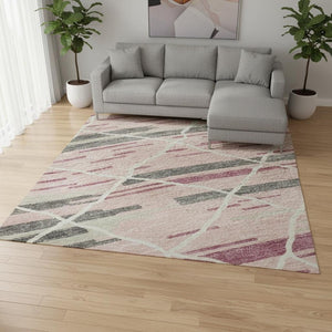HomeRoots 9' X 12' Pink Ivory Gray Striped Washable Area Rug - Durable, Stain Resistant & UV Protected Design 680498