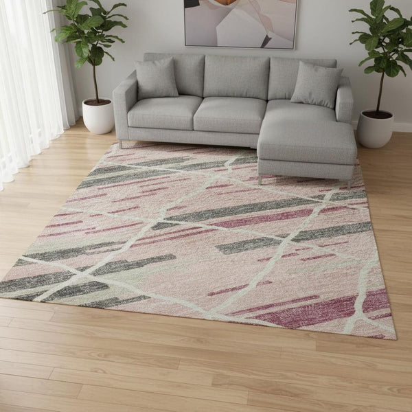 HomeRoots 9' X 12' Pink Ivory Gray Striped Washable Area Rug - Durable, Stain Resistant & UV Protected Design 680498