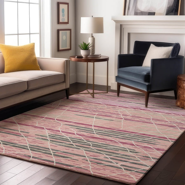 HomeRoots 10' Pink, Ivory & Gray Striped Washable Area Rug - UV Protected, Stain Resistant for Indoor/Outdoor Use 680499