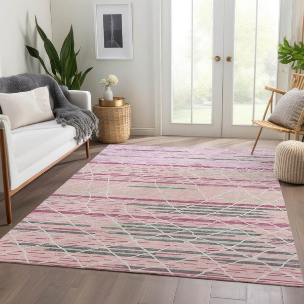 HomeRoots 10' Pink, Ivory & Gray Striped Washable Area Rug - UV Protected, Stain Resistant for Indoor/Outdoor Use 680499