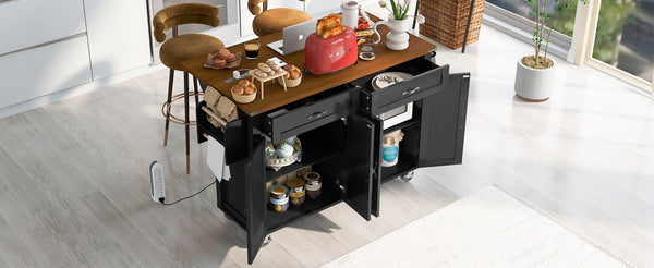 English Elm K&k Farmhouse Rolling Kitchen Island with Drop Leaf Power Outlets and Storage Cabinet Black N707S170348B