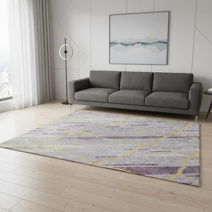 HomeRoots 5' X 8' Stylish Purple Gold Ivory Striped Washable Area Rug with UV Protection for High-Traffic Areas 680501