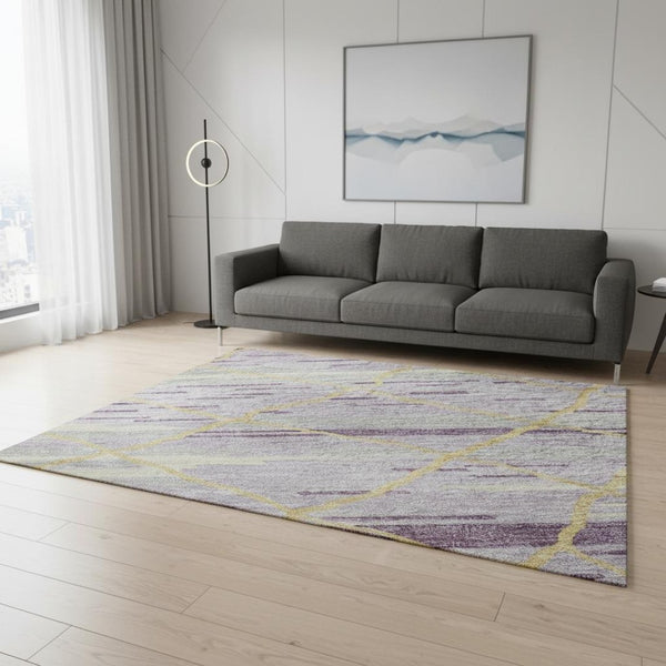 HomeRoots 5' X 8' Stylish Purple Gold Ivory Striped Washable Area Rug with UV Protection for High-Traffic Areas 680501