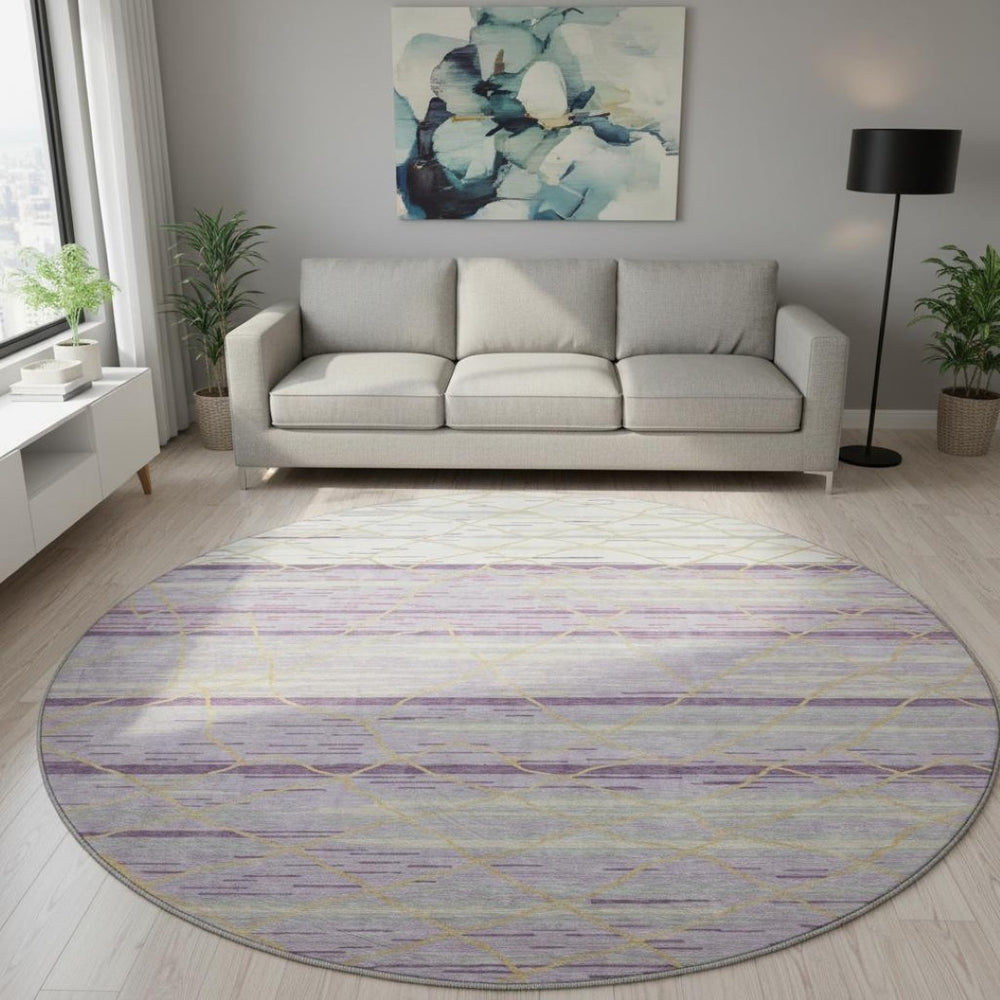 HomeRoots 8' Striped Washable Round Rug in Purple, Gold & Ivory - UV Protected, Pet-Friendly, Easy Care Design! 680502