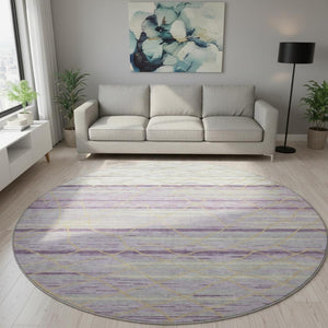 HomeRoots 8' Striped Washable Round Rug in Purple, Gold & Ivory - UV Protected, Pet-Friendly, Easy Care Design! 680502