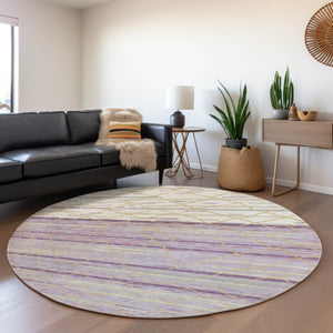 HomeRoots 8' Striped Washable Round Rug in Purple, Gold & Ivory - UV Protected, Pet-Friendly, Easy Care Design! 680502