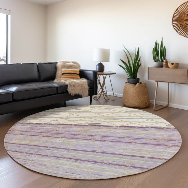 HomeRoots 8' Striped Washable Round Rug in Purple, Gold & Ivory - UV Protected, Pet-Friendly, Easy Care Design! 680502