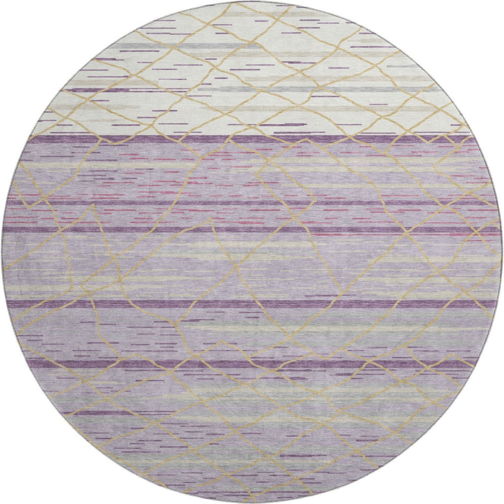 HomeRoots 8' Striped Washable Round Rug in Purple, Gold & Ivory - UV Protected, Pet-Friendly, Easy Care Design! 680502