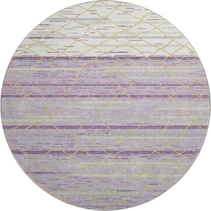 HomeRoots 8' Striped Washable Round Rug in Purple, Gold & Ivory - UV Protected, Pet-Friendly, Easy Care Design! 680502