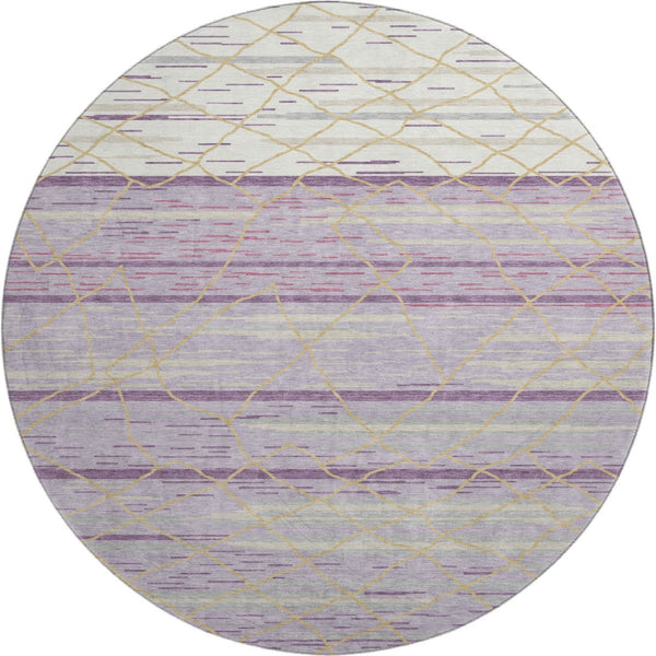 HomeRoots 8' Striped Washable Round Rug in Purple, Gold & Ivory - UV Protected, Pet-Friendly, Easy Care Design! 680502