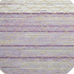 HomeRoots 8' Striped Washable Round Rug in Purple, Gold & Ivory - UV Protected, Pet-Friendly, Easy Care Design! 680502