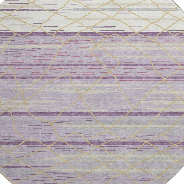 HomeRoots 8' Striped Washable Round Rug in Purple, Gold & Ivory - UV Protected, Pet-Friendly, Easy Care Design! 680502