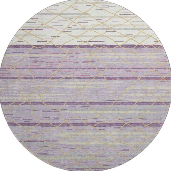 HomeRoots 8' Striped Washable Round Rug in Purple, Gold & Ivory - UV Protected, Pet-Friendly, Easy Care Design! 680502