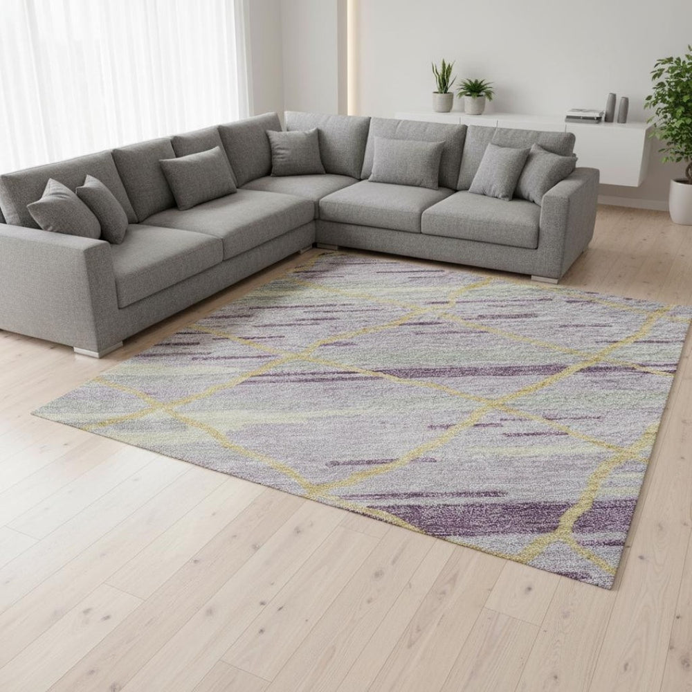 HomeRoots 9' X 12' Striped Purple, Gold & Ivory Area Rug – Durable, Stain-Resistant, UV Protected for Your Home 680504