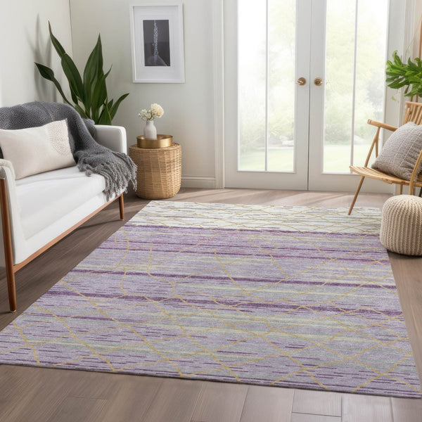 HomeRoots 10' X 14' Striped Area Rug in Purple, Gold & Ivory - Washable, UV-Protected, Stain-Resistant Design! 680505