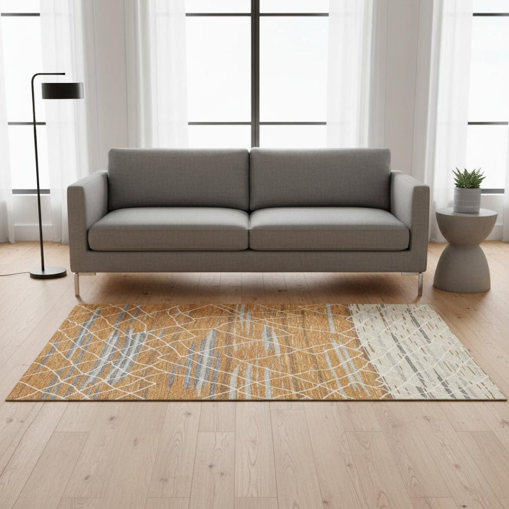 HomeRoots 5' X 8' Terra Cotta Ivory Gray Striped Washable Area Rug with UV Protection for Family Spaces 680507