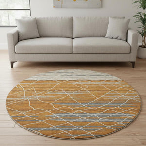 HomeRoots 8' Striped Washable Round Rug in Terra Cotta, Ivory & Gray – UV Protected, Durable & Stylish! 680508