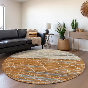 HomeRoots 8' Striped Washable Round Rug in Terra Cotta, Ivory & Gray – UV Protected, Durable & Stylish! 680508