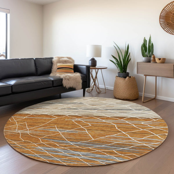 HomeRoots 8' Striped Washable Round Rug in Terra Cotta, Ivory & Gray – UV Protected, Durable & Stylish! 680508