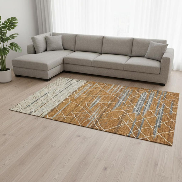 HomeRoots 8' X 10' Stylish Terra Cotta, Ivory & Gray Striped Washable Area Rug with UV Protection & Durability 680509