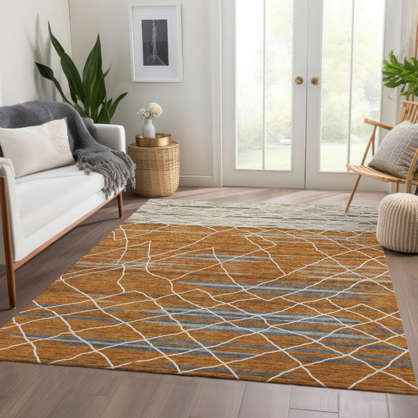HomeRoots 8' X 10' Stylish Terra Cotta, Ivory & Gray Striped Washable Area Rug with UV Protection & Durability 680509