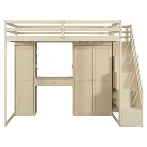 English Elm Full Size Loft Bed with Wardrobe Dressing Mirror Usb Ports and Teen Room Storage LT000276AAA