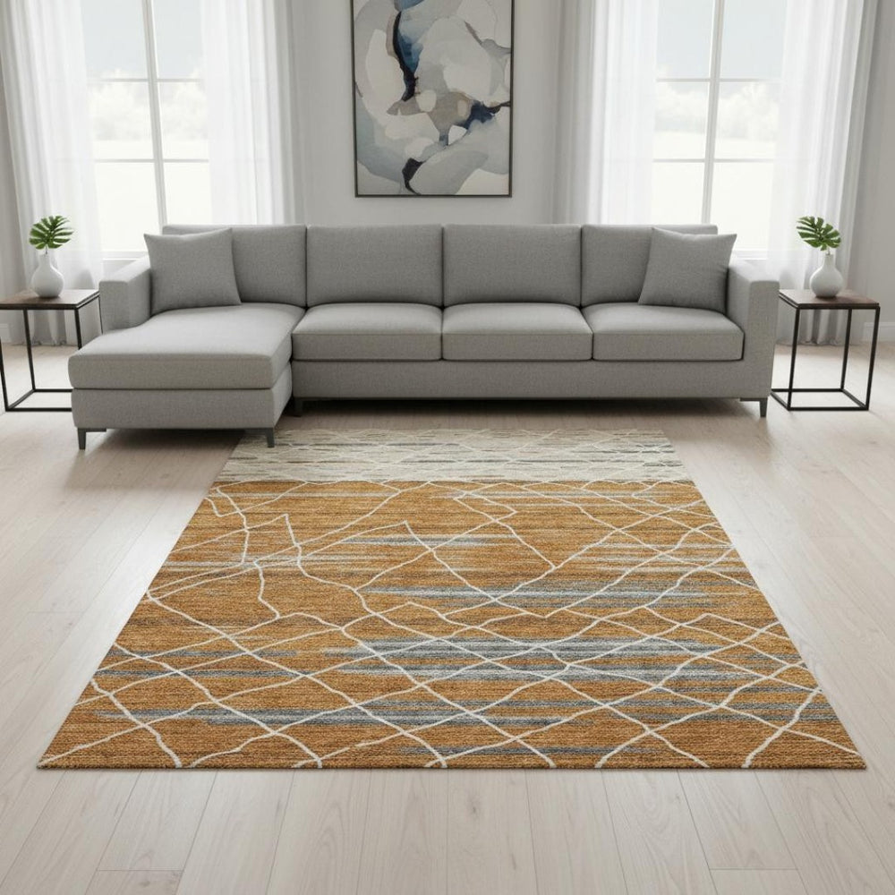 HomeRoots 10' X 14' Striped Washable Area Rug in Terra Cotta, Ivory & Gray - Durable, UV Protected & Easy Care 680511