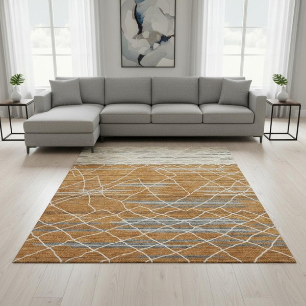 HomeRoots 10' X 14' Striped Washable Area Rug in Terra Cotta, Ivory & Gray - Durable, UV Protected & Easy Care 680511