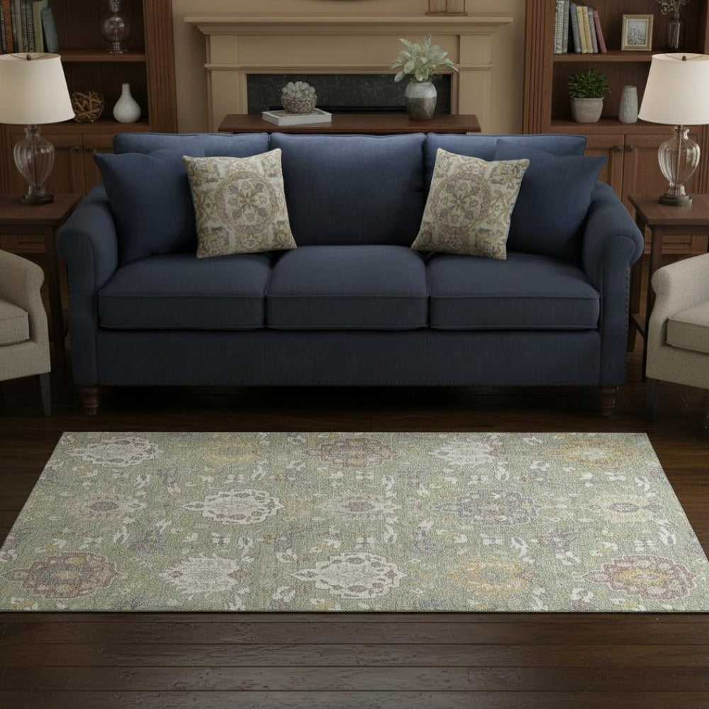 HomeRoots 5' X 8' Elegant Artichoke Green Damask Area Rug - Washable, UV-Protected, Durable & Stylish Design 680513