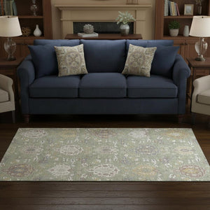 HomeRoots 5' X 8' Elegant Artichoke Green Damask Area Rug - Washable, UV-Protected, Durable & Stylish Design 680513