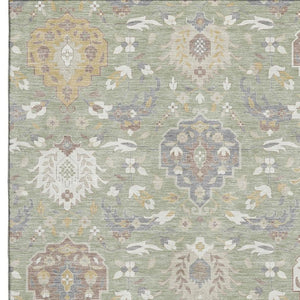 HomeRoots 5' X 8' Elegant Artichoke Green Damask Area Rug - Washable, UV-Protected, Durable & Stylish Design 680513