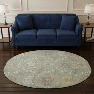 HomeRoots 8' Elegant Artichoke Green Damask Round Rug - Washable, UV Protected, Stylish & Durable Design 680514
