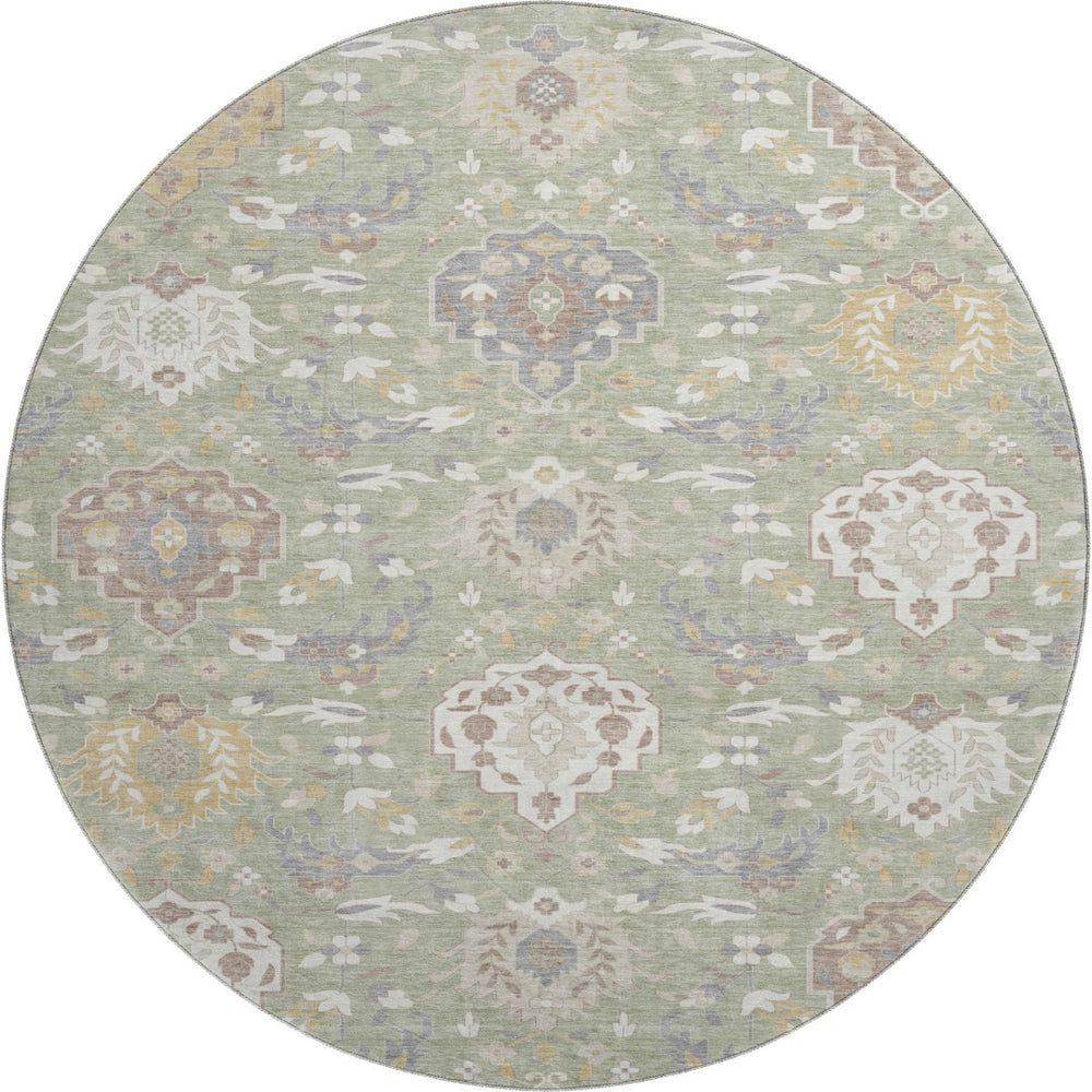 HomeRoots 8' Elegant Artichoke Green Damask Round Rug - Washable, UV Protected, Stylish & Durable Design 680514