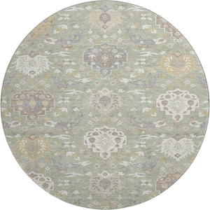 HomeRoots 8' Elegant Artichoke Green Damask Round Rug - Washable, UV Protected, Stylish & Durable Design 680514