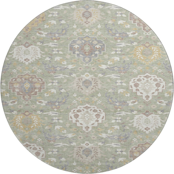 HomeRoots 8' Elegant Artichoke Green Damask Round Rug - Washable, UV Protected, Stylish & Durable Design 680514
