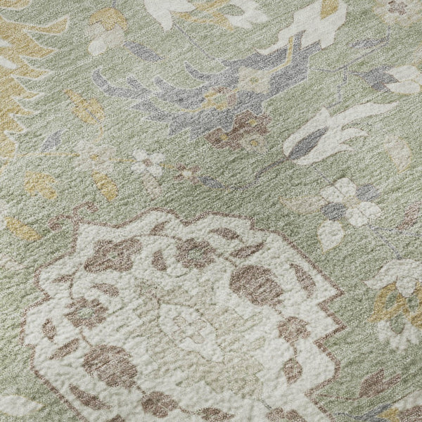 HomeRoots 8' Elegant Artichoke Green Damask Round Rug - Washable, UV Protected, Stylish & Durable Design 680514