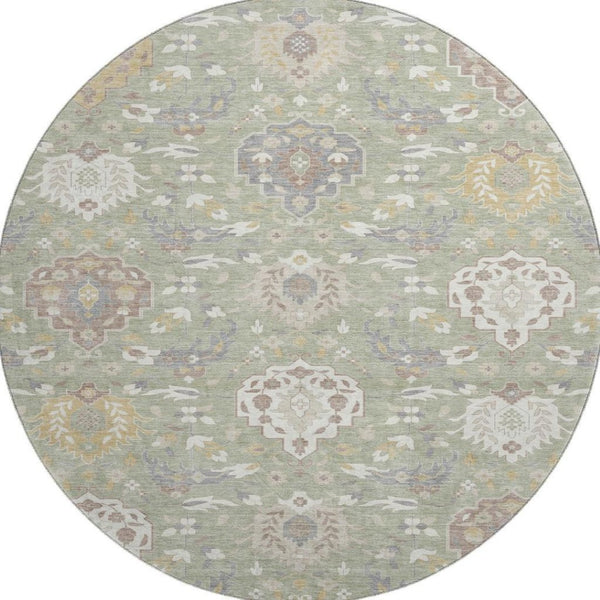 HomeRoots 8' Elegant Artichoke Green Damask Round Rug - Washable, UV Protected, Stylish & Durable Design 680514