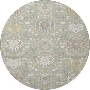 HomeRoots 8' Elegant Artichoke Green Damask Round Rug - Washable, UV Protected, Stylish & Durable Design 680514