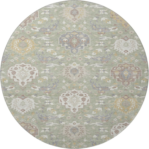 HomeRoots 8' Elegant Artichoke Green Damask Round Rug - Washable, UV Protected, Stylish & Durable Design 680514