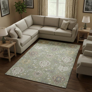 HomeRoots 8' X 10' Artichoke Green Gold & Gray Damask Area Rug - Washable, Stain-Resistant, UV Protected Elegance 680515