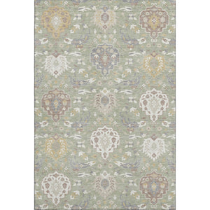 HomeRoots 8' X 10' Artichoke Green Gold & Gray Damask Area Rug - Washable, Stain-Resistant, UV Protected Elegance 680515
