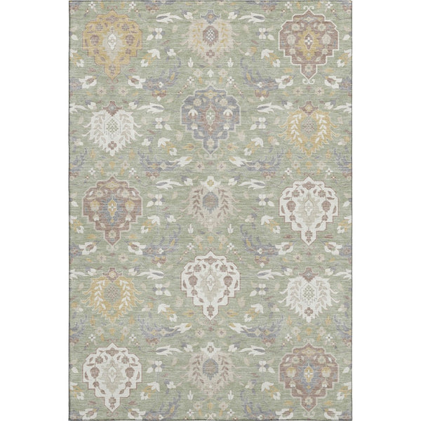 HomeRoots 8' X 10' Artichoke Green Gold & Gray Damask Area Rug - Washable, Stain-Resistant, UV Protected Elegance 680515