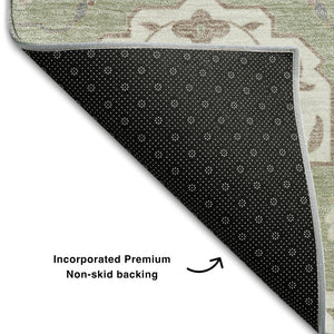 HomeRoots 8' X 10' Artichoke Green Gold & Gray Damask Area Rug - Washable, Stain-Resistant, UV Protected Elegance 680515