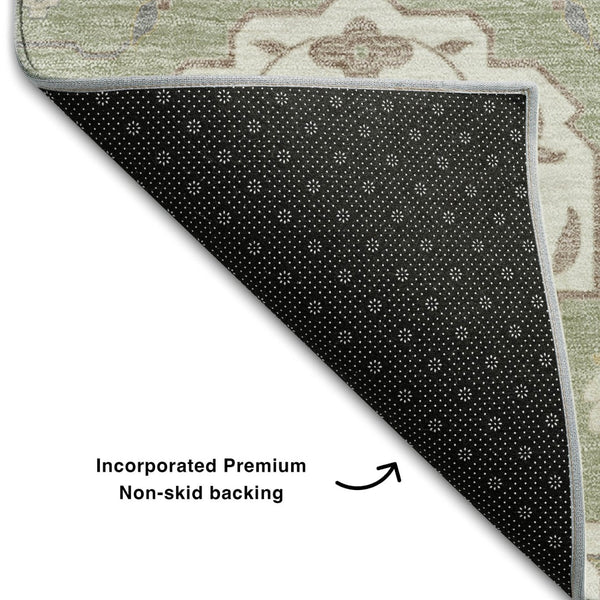 HomeRoots 8' X 10' Artichoke Green Gold & Gray Damask Area Rug - Washable, Stain-Resistant, UV Protected Elegance 680515