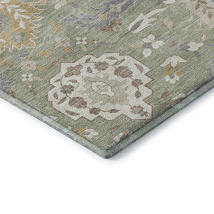 HomeRoots 8' X 10' Artichoke Green Gold & Gray Damask Area Rug - Washable, Stain-Resistant, UV Protected Elegance 680515